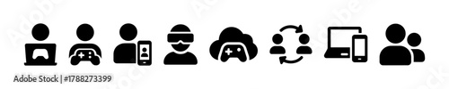 Technology icons: laptop, gaming controller, smartphone, vr, cloud, collaboration, devices