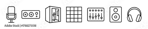 Icon set of audio equipment: microphone, mixer, soundproof booth, equalizer, speaker, headphones