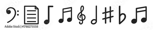 Music symbols and sheet icons including notes and clefs