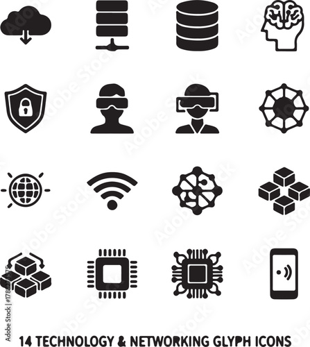 Technology and Networking Glyph Icons Set: Cloud Computing, Server, Database, AI, Security, VR, Metaverse, Global Network, IoT, Blockchain, CPU, Processor, and Mobile Communication Symbols.