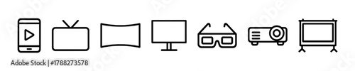 Media and entertainment icons: mobile, tv, panorama, monitor, glasses, projector, screen