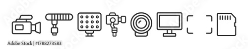 Video equipment icons: camera, microphone, lighting, tripod, lens, screen, memory card