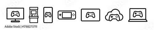 Gaming icons collection: console, arcade, mobile, handheld, cloud, laptop