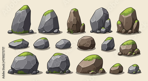 Collection of mossy rocks and stones for game design asset creation and environment