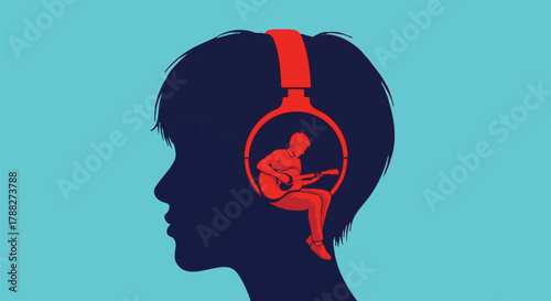 Silhouette of a musician with headphones playing guitar inside their head space