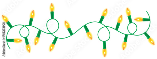 A string of glowing yellow Christmas lights arranged in loops on a white background, creating a festive and cheerful holiday atmosphere. Christmas bulbs twinkle with shine illustration 