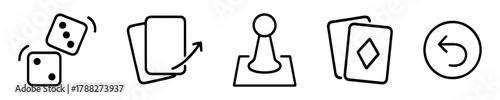 Black and white icons of game elements: dice, cards, game piece, replay symbol