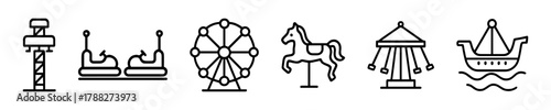 Line art of amusement park rides: ferris wheel, bumper cars, carousel, swing, pirate ship