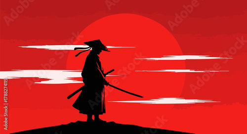Silhouette of a samurai warrior standing against a red sun and cloudy sky scene