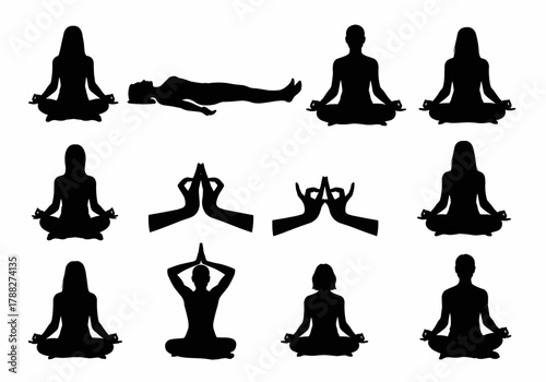Silhouette collection of yoga and meditation poses symbolizing balance, focus, and spiritual mindfulness.