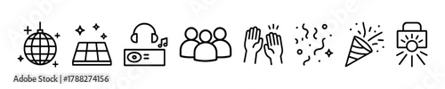 Festive celebration icons featuring disco ball, music, dance, and applause