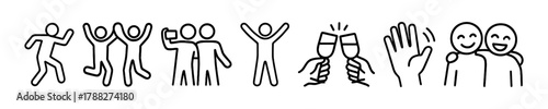 Black and white stick figure icons showing people dancing, taking photos, toasting, waving, and hugging