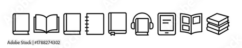 Set of book and reading icons: e-reader, headphones, open book, stacked books
