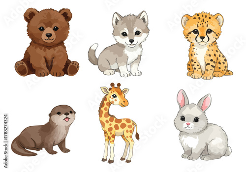 Cute cartoon animal collection featuring playful pets and wild animal heads