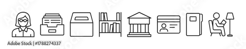 Library and office icons: files, shelves, bank, id card, reading