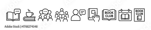 Book club icons set with coffee cup, open books, and group discussion illustrations