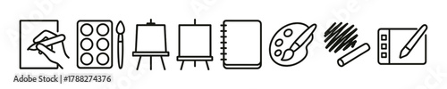 Art supplies icons: sketchpad, paint palette, easel, brush, pencil, canvas