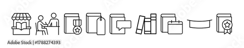 Set of bookstore and reading icons: books, medals, conversations, awards
