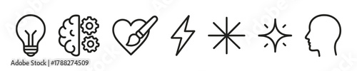 Creative icons: lightbulb, brain, heart, paintbrush, lightning, star, human head outline