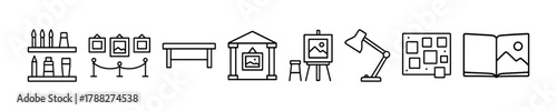 Art icons: supplies, exhibits, and tools in simple black and white line style