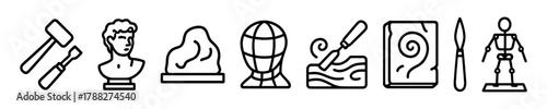 Art tools icon set: sculpture, painting, globe, brushes, canvas
