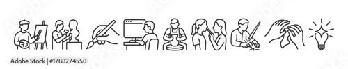 Line art illustrating artistic professions and creative activities