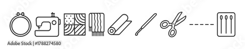 Sewing tools icons: machine, fabric, scissors, needle, thread