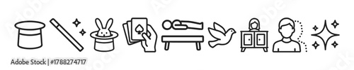 Magic tools icon set: wand, hat, cards, table, dove, cabinet, silhouette