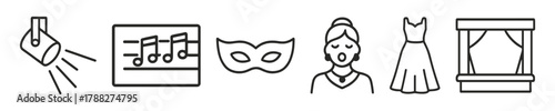 Theater and opera: spotlight, music notes, mask, singer, dress, stage curtains icons