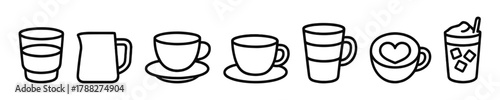 Variety of coffee cups and mugs in simple black line art style