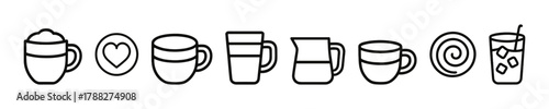 Coffee mug icons set: cappuccino, espresso, latte, iced beverages, heart, and swirl designs