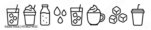 Various beverage icons: coffee, juice, water, and ice with straws and cups