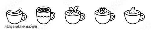 Set of five stylized coffee cup icons with unique toppings