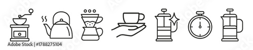 Minimalist coffee making icons: grinder, kettle, pour over, cup, french press, timer
