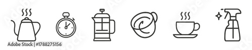 Coffee preparation icons: kettle, timer, french press, cups, spray bottle