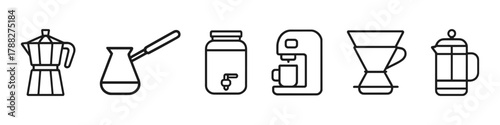 Icons of coffee makers: moka pot, turkish cezve, jar dispenser, espresso machine, pour over, french press