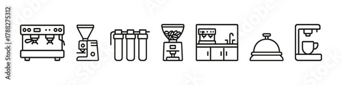 Coffee equipment icons: espresso machine, grinder, french press, beans, kitchen, bell, cup