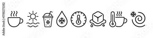 Temperature icons: coffee, sun, cold drinks, thermometer, ice cube, swirl