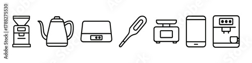 Line icons of coffee grinder, kettle, scale, thermometer, weighing scale, coffee machine