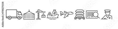 Logistics and shipping icons: truck, container, ship, airplane, cargo, customs