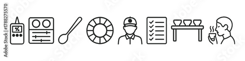 Coffee tasting icons set: equipment, barista, tasting process
