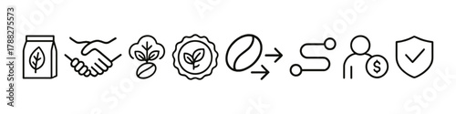 Set of icons representing sustainable organic coffee production elements
