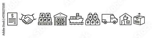 Supply chain process icons: agreement, inventory, logistics, and delivery