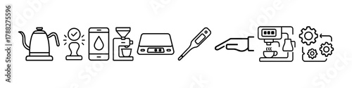 Minimalist coffee preparation icons: kettle, scale, thermometer, espresso machine
