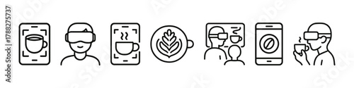 Virtual reality coffee experience icons: vr, cups, latte art, technology, user interaction