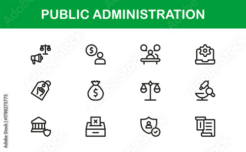 Public Administration Minimal Icon Set. Clean, streamlined icons for office tasks, government workflows, and public service management applications.
