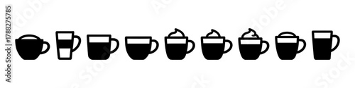 Row of eight coffee cup icons illustrating simple black and white design