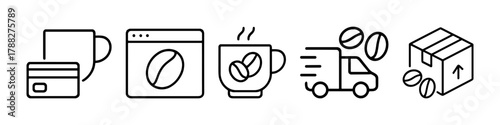 Icons of coffee cup, washing machine, mug, delivery truck, and box with beans