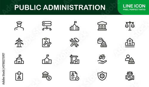 Public Administration Flat Icon Set. Clear, minimal icons for administrative tasks, citizen engagement, and policy monitoring applications.
