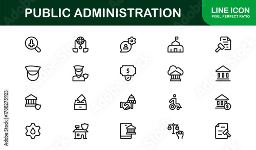 Public Administration Line Icon Set. Modern, professional icons illustrating government services, administrative workflow, and civic management tools.
